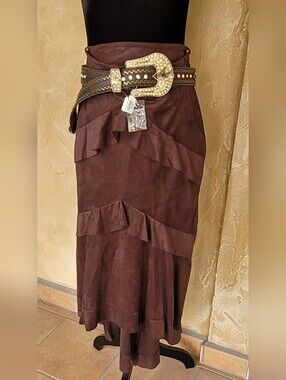 BEBE Esmeralda Western Boho Vintage Suede Asymmetrical Chocolate Skirt. Small